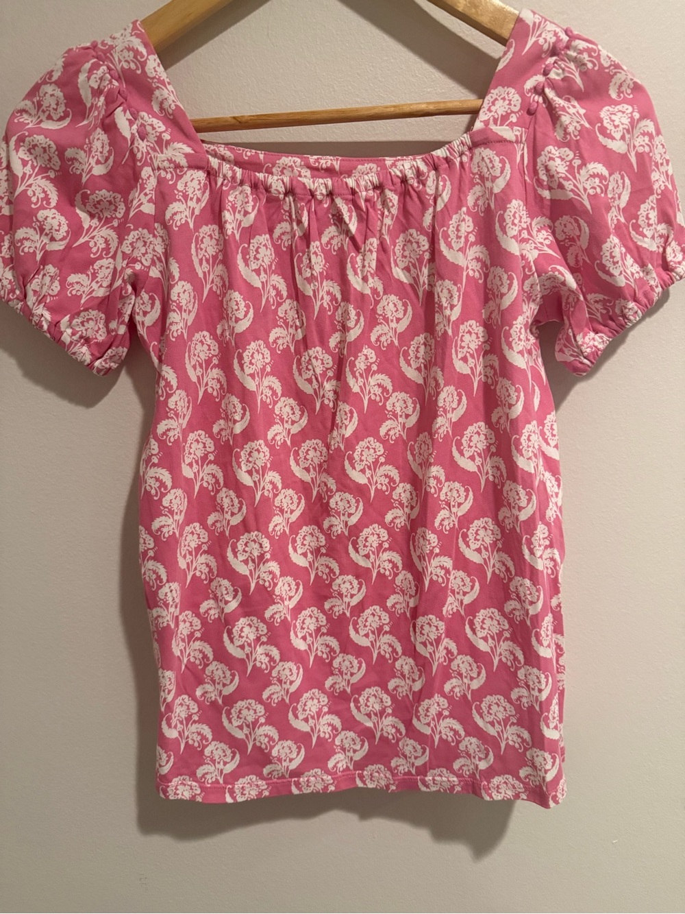 Mini Boden Girls Pink Floral Block School Puff Sleeve Square Neck Top 11-12